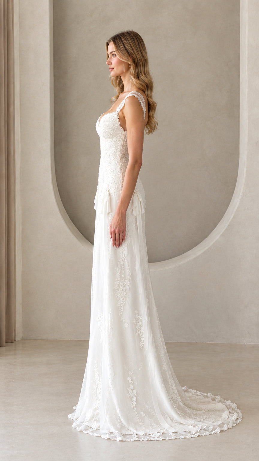 Side profile of model wearing white embroidered lace gown showing slim silhouette and train