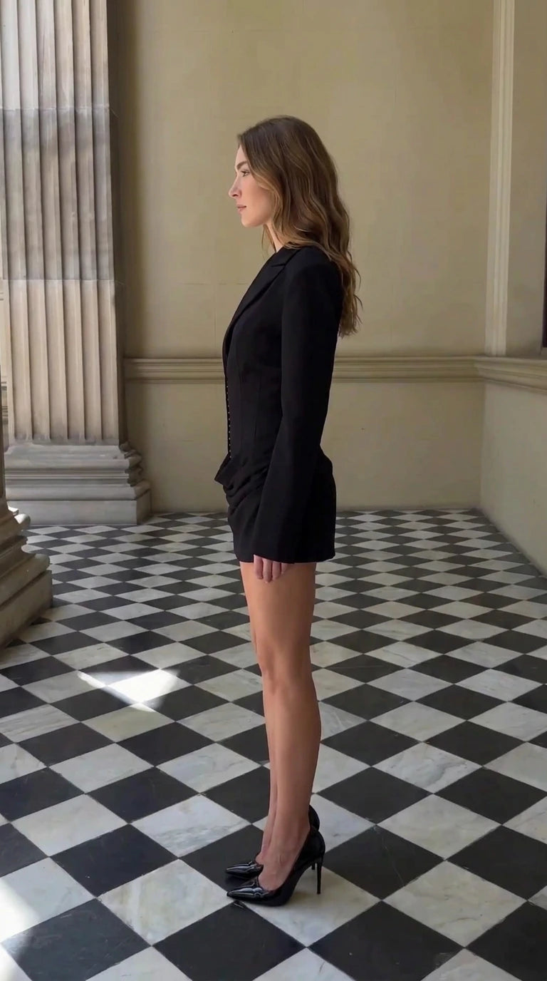 Side profile view of model showcasing tailored silhouette of black blazer mini dress
