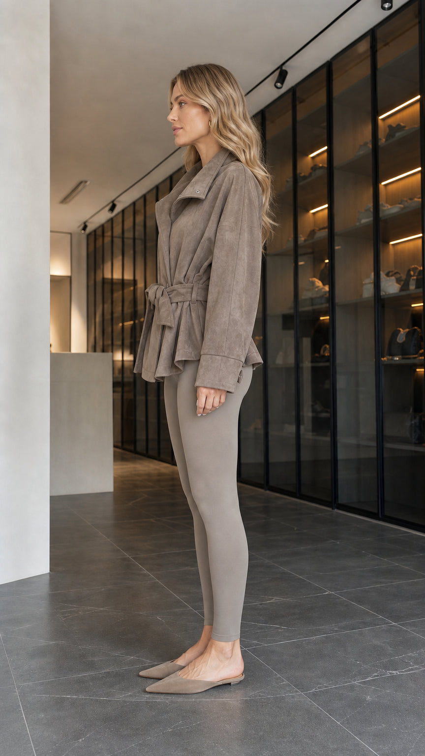 Side profile view of model wearing taupe belted faux suede jacket
