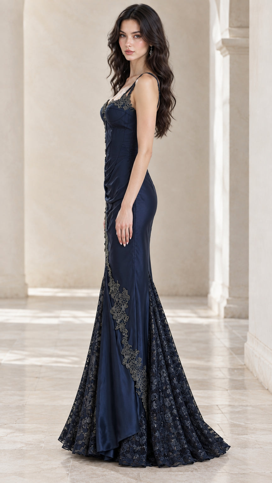 Side profile of model wearing Navy Blue embroidered lace ruched satin evening dress