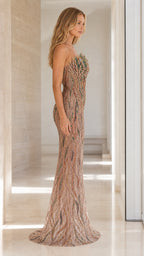 Side profile view of champagne embellished strapless formal dress