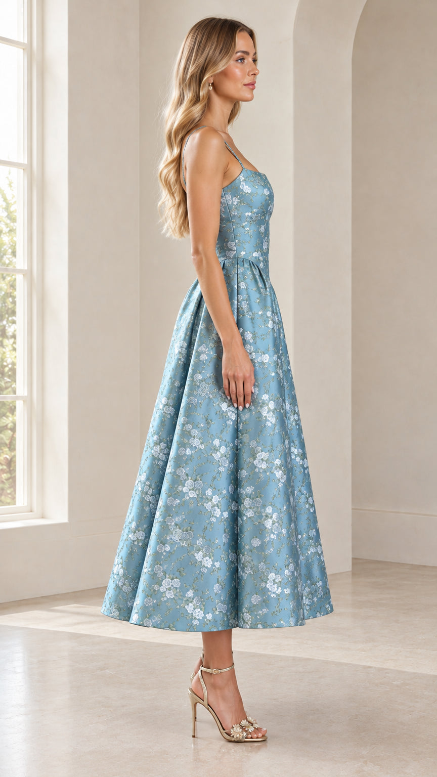Side profile view of model wearing dusty blue floral jacquard midi dress