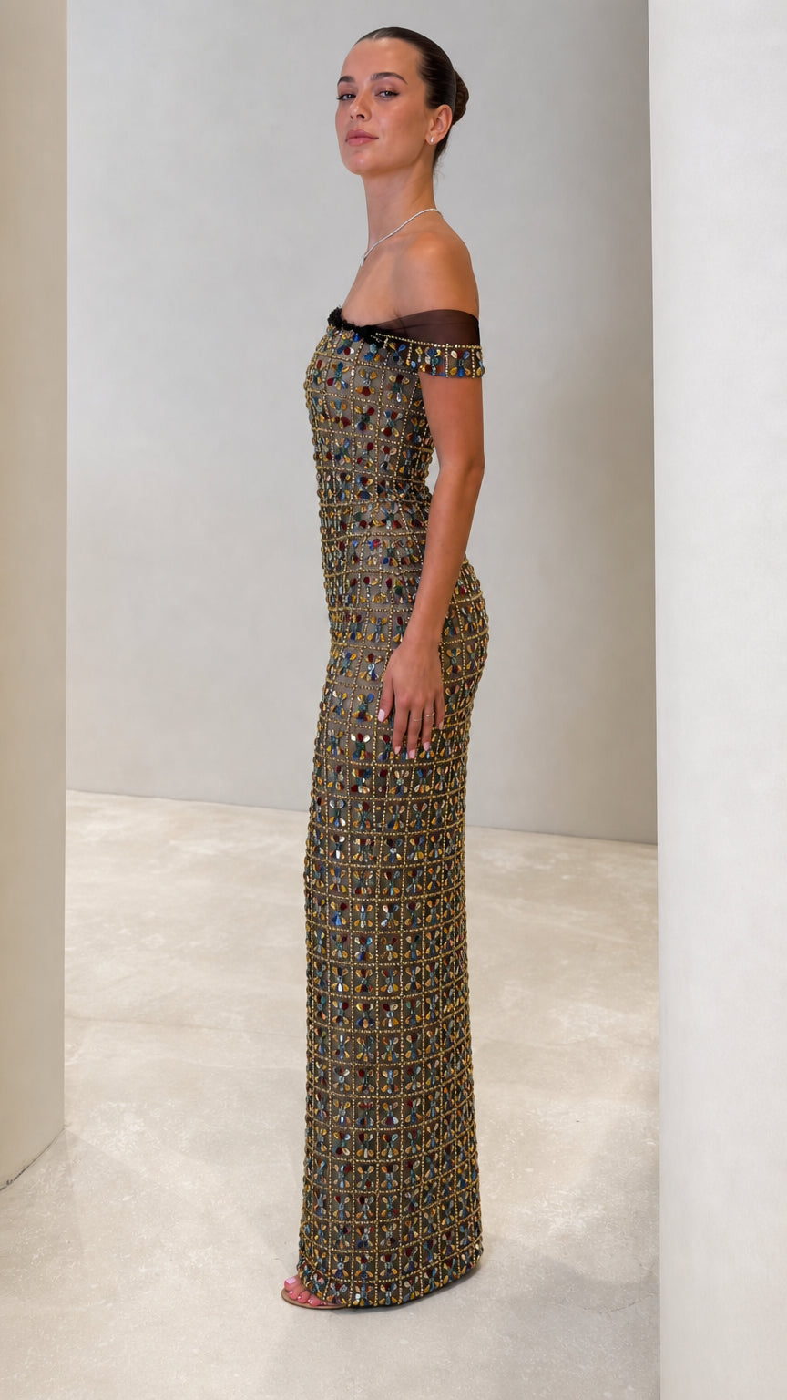 Bronze gold embellished off-the-shoulder formal evening dress side view