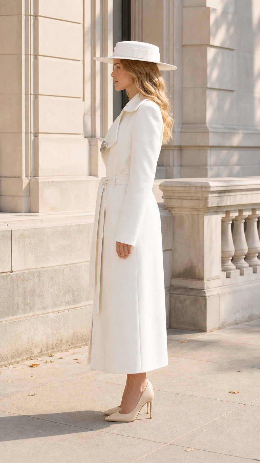 Side profile view of full-length white belted wool-blend overcoat