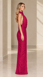 Side view of magenta sleeveless ruched evening maxi dress showcasing sleek column silhouette