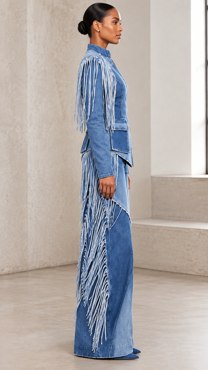 Side profile of blue fringe denim two piece jacket and wide leg pants set