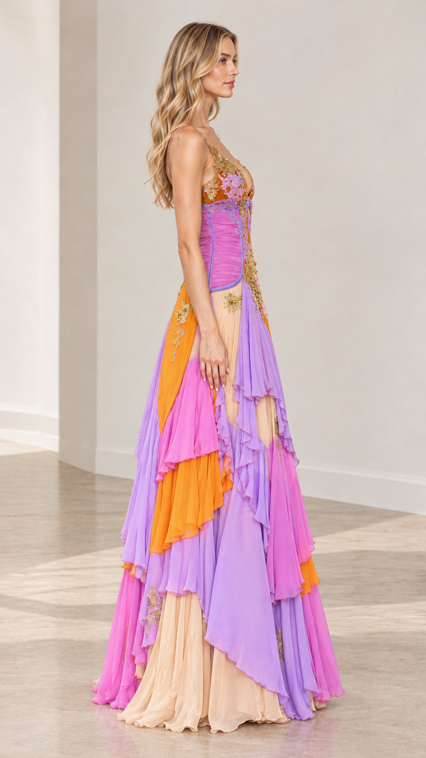 Side profile of model wearing multicolor sleeveless tiered maxi evening dress