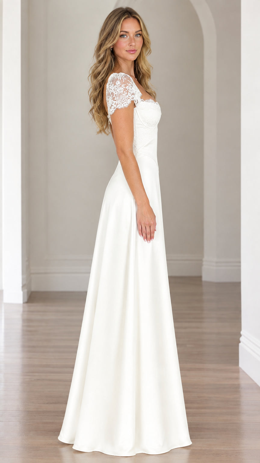 Side profile view of ivory lace cap sleeve satin maxi dress on model