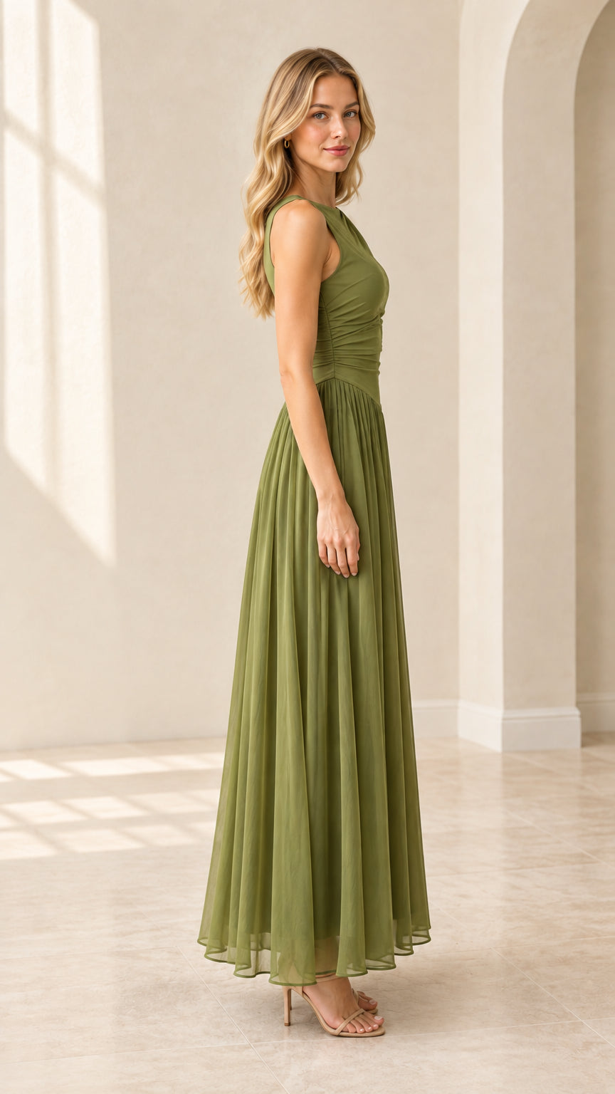 Olive green elegant evening dress side angle view