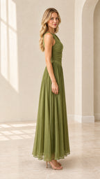 Olive green elegant evening dress side angle view