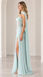 Side profile view of mint green formal gown showing high leg slit and ruched hip detail
