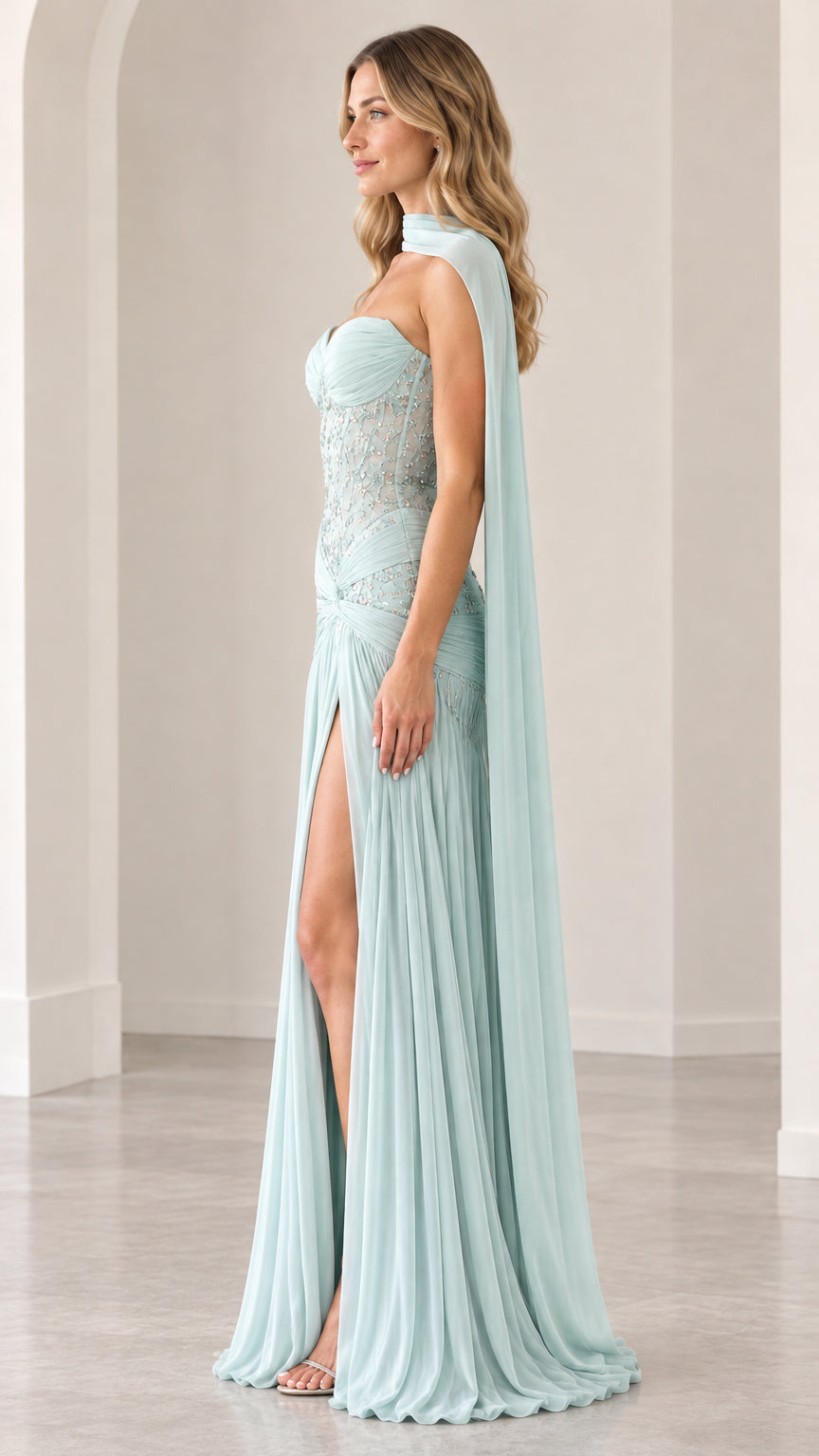 Side profile view of mint green formal gown showing high leg slit and ruched hip detail