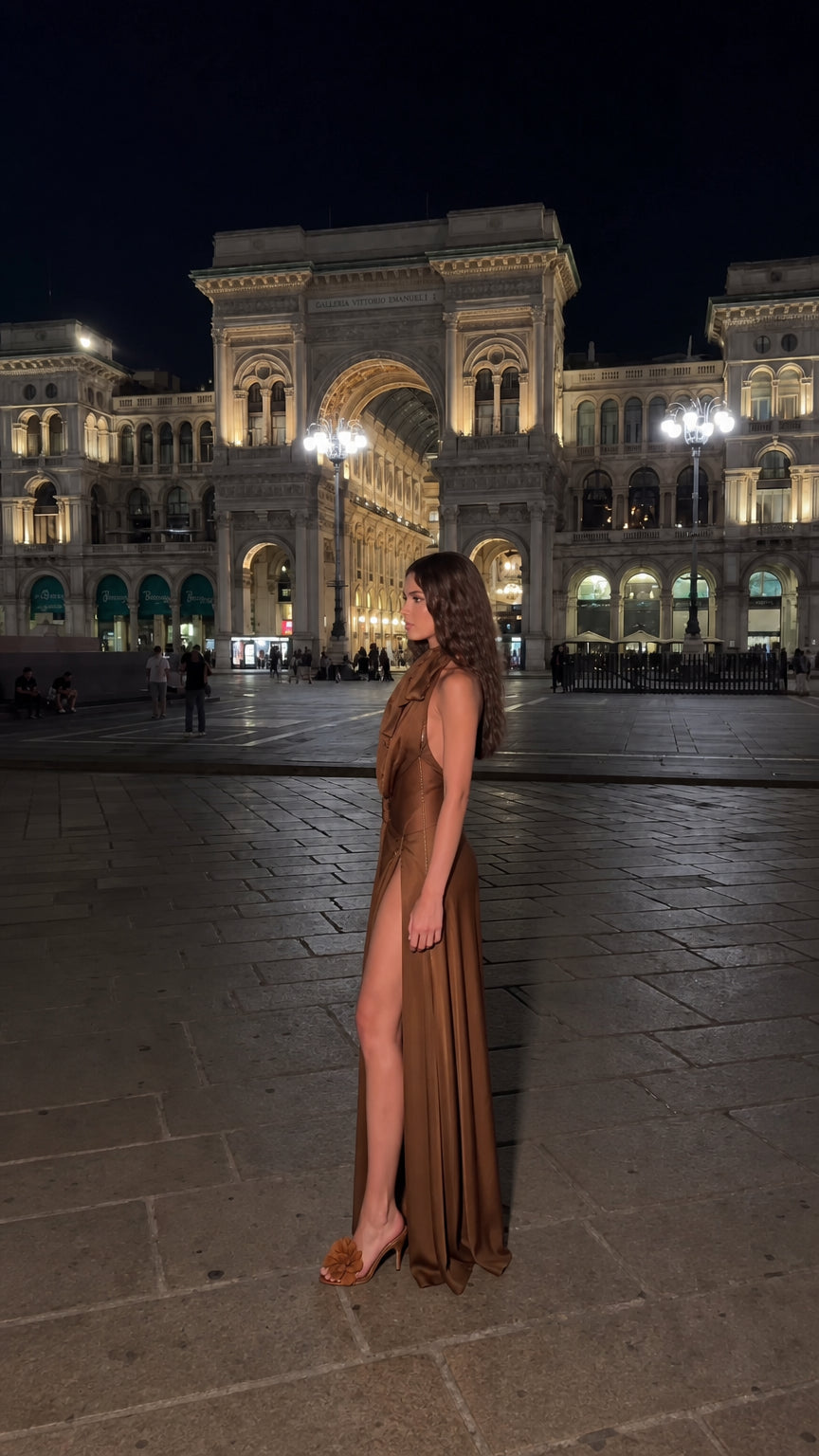 Side view of woman wearing brown open-back satin gown with dramatic high slit