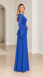 Side full-length view of royal blue chiffon maxi dress showing flared sleeves and silhouette