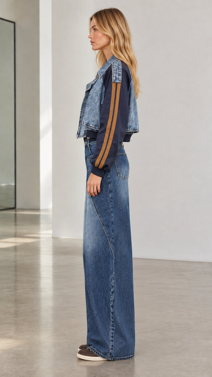 Side profile view of model wearing blue denim cropped jacket and wide-leg trousers