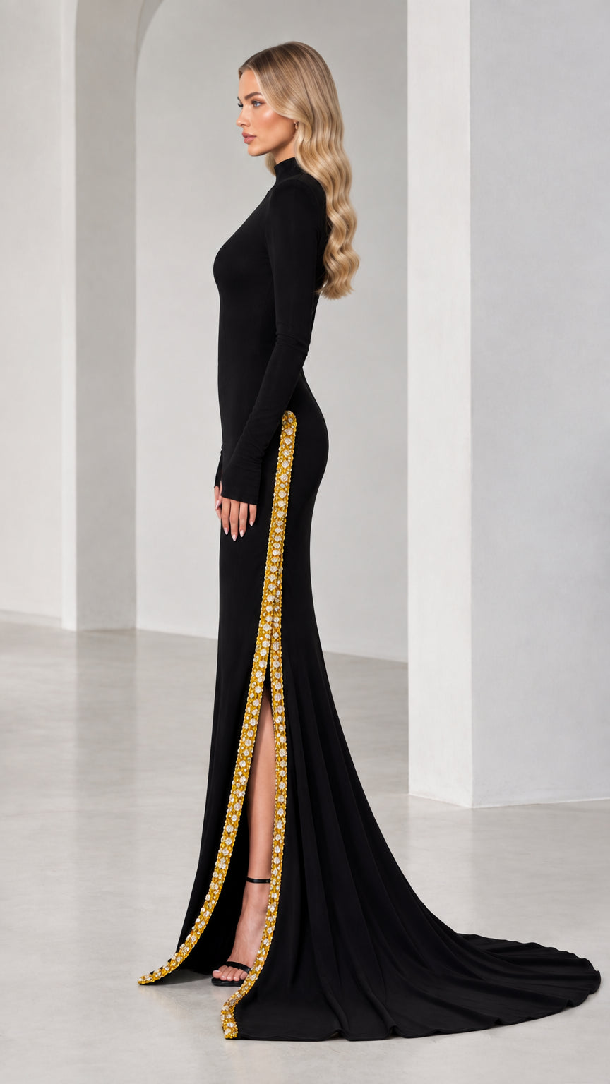 Side profile of black long sleeve evening gown showing pearl-beaded high side slit detail