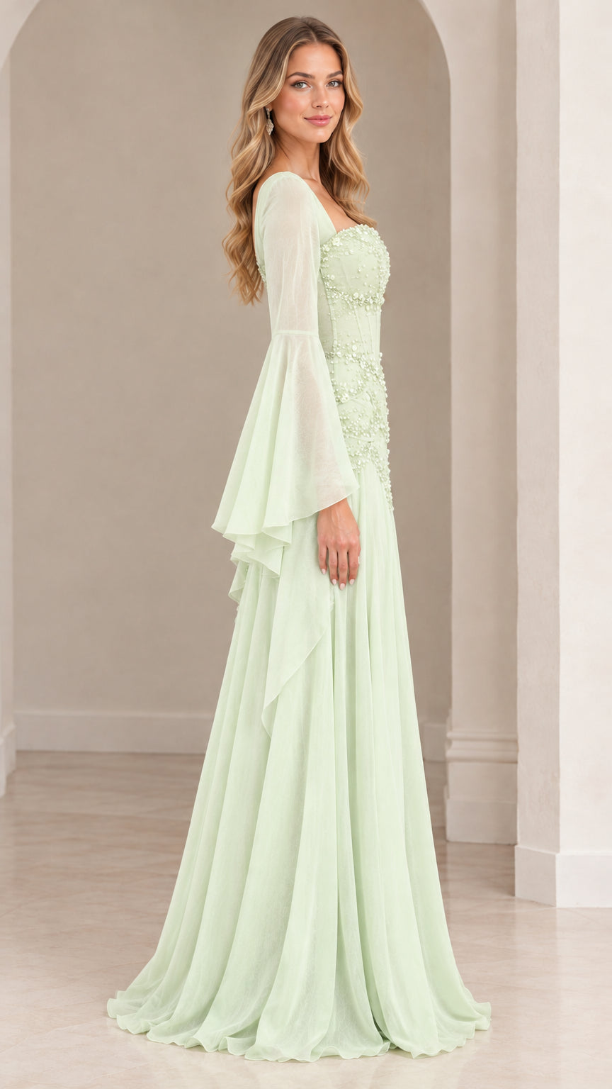 Side profile of model wearing sage green beaded evening gown with long bell sleeves
