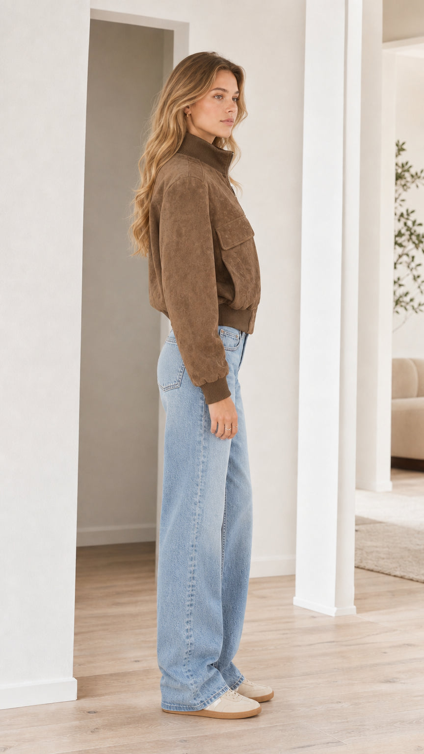 Side profile view of model wearing brown faux suede zip bomber jacket