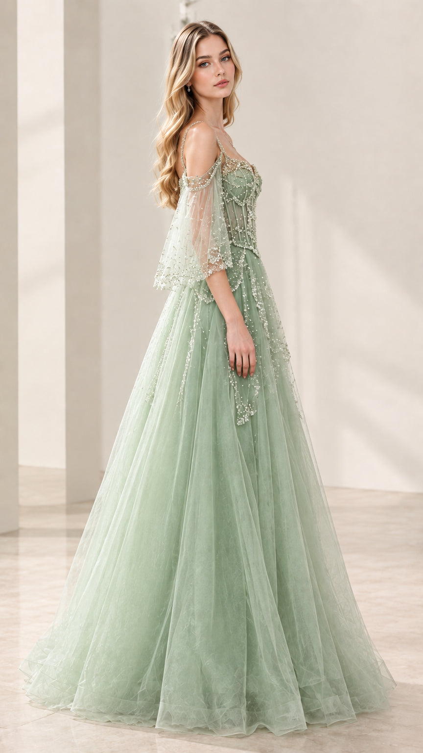 Sage green A-line formal gown with sheer bell sleeves side profile view