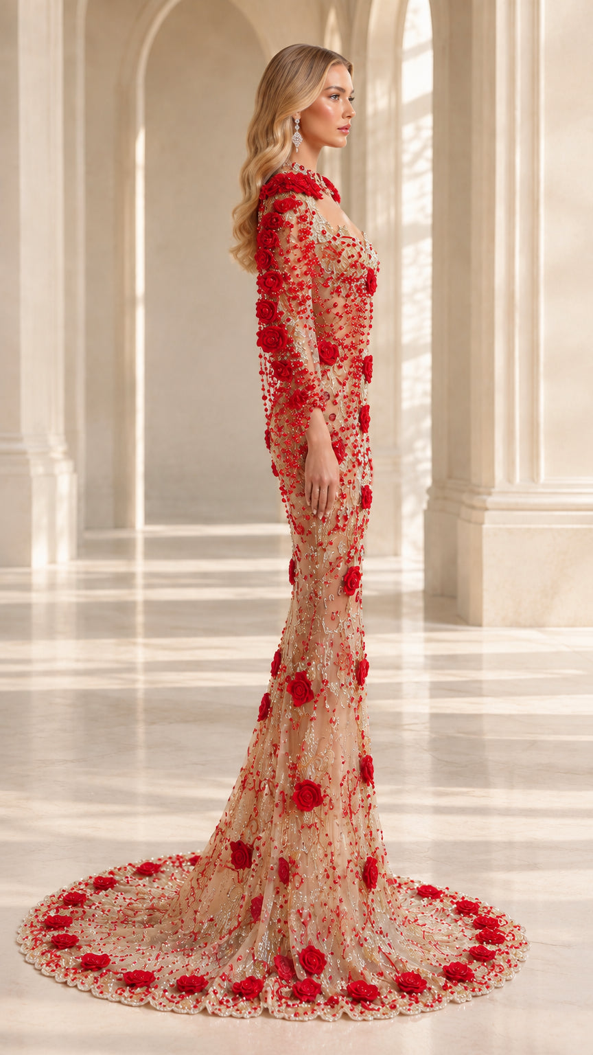 Side profile of champagne beaded evening dress showing floral detailing and train