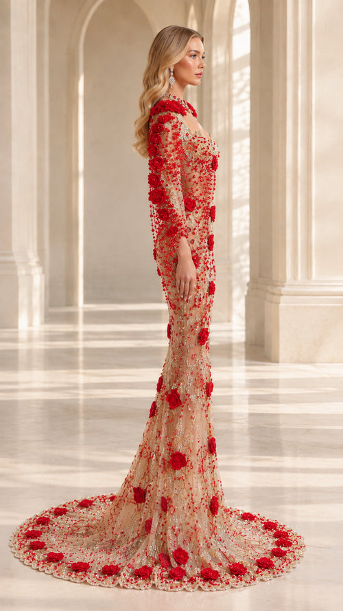 Side profile of champagne beaded evening dress showing floral detailing and train