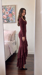 Burgundy long sleeve ruched ruffle maxi dress side angle view