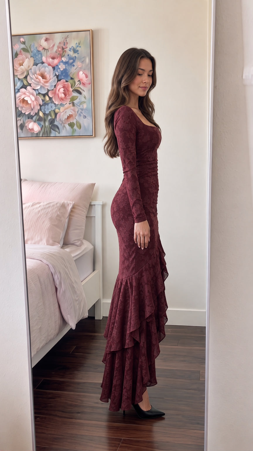 Burgundy long sleeve ruched ruffle maxi dress side angle view