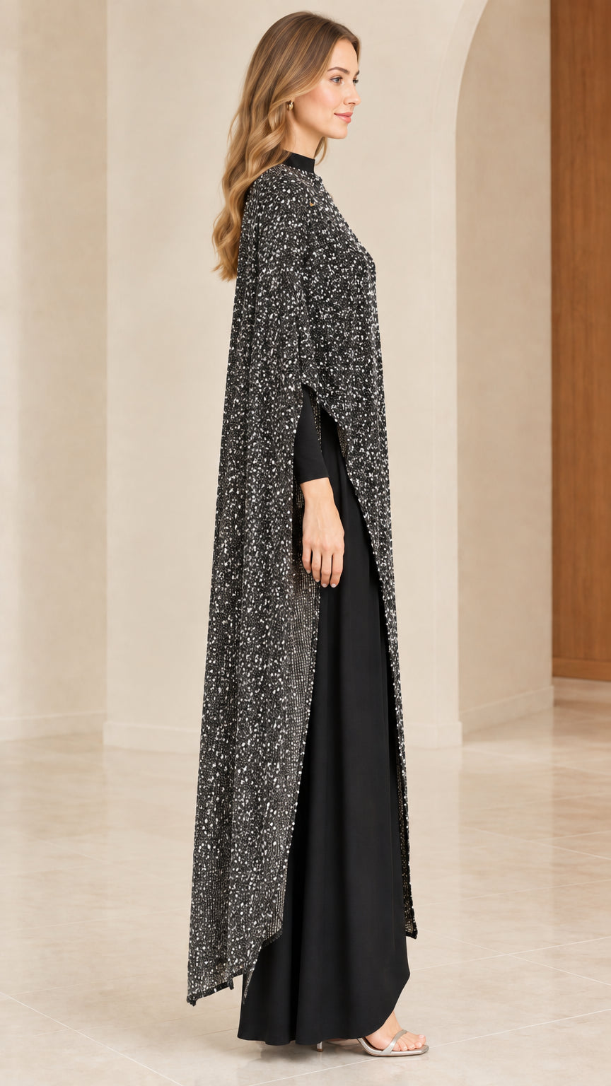 Side profile of black cape top and wide-leg trousers showing drape and length