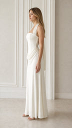 Ivory formal halter dress side view with waist drape