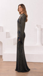 Side profile of Midnight Charcoal beaded formal maxi dress highlighting fitted silhouette