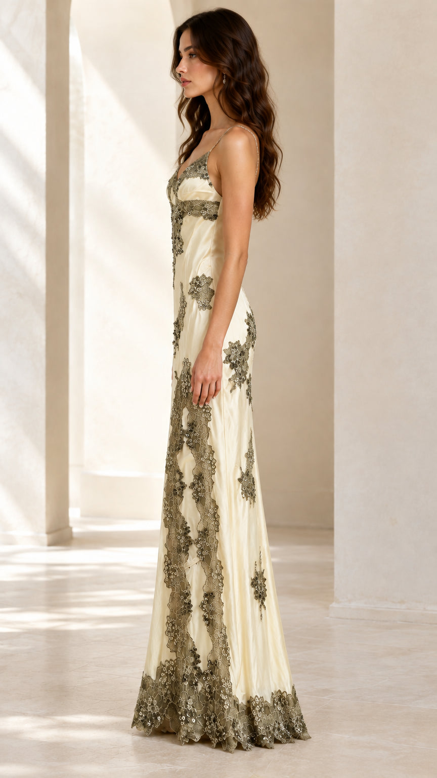 Champagne satin maxi slip dress side view showing silhouette and hem lace trim