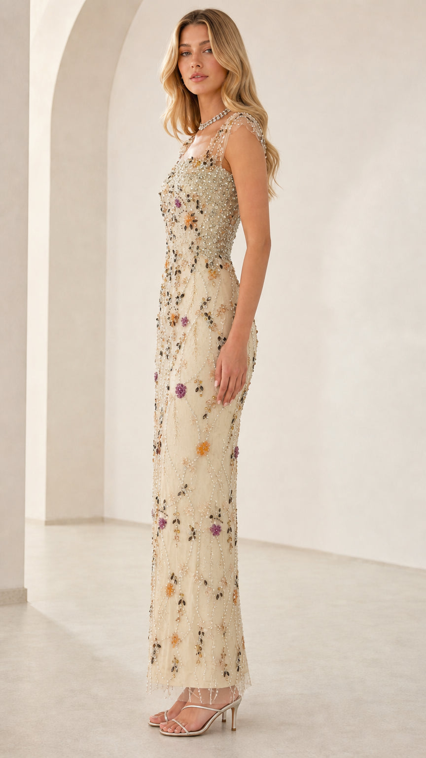 Side profile of champagne beaded square neck formal gown