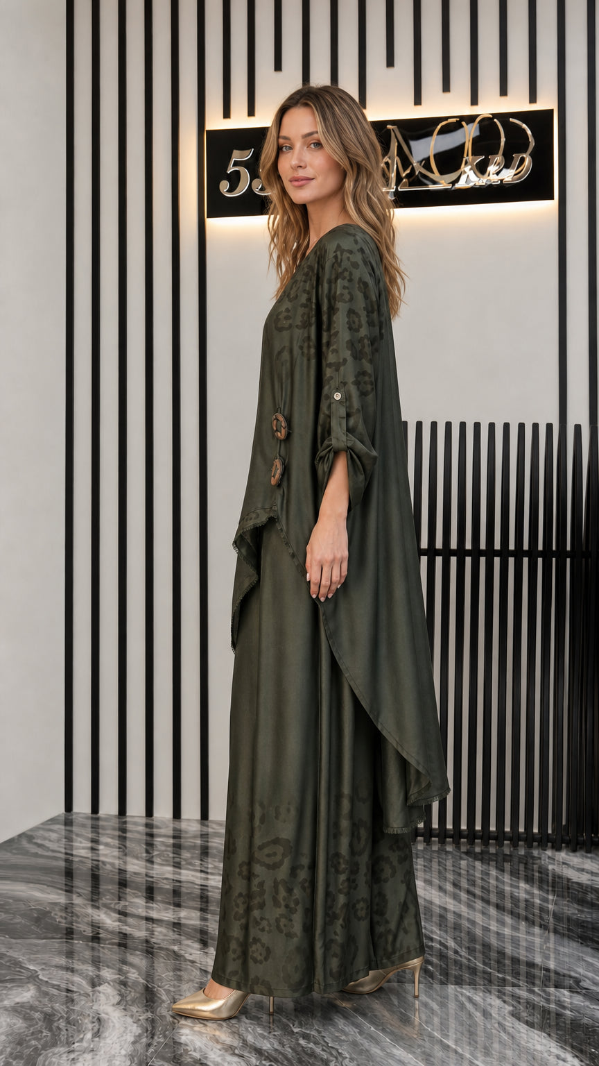 Side view of woman wearing olive green draped high-low tunic matching set