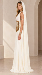 Side profile view of the white goddess pleated maxi dress with gold waist cincher and draped hood