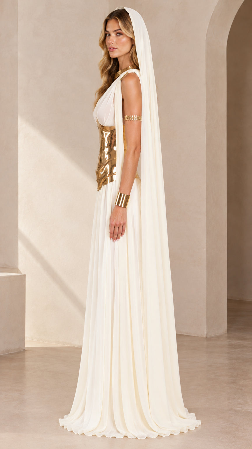 Side profile view of the white goddess pleated maxi dress with gold waist cincher and draped hood