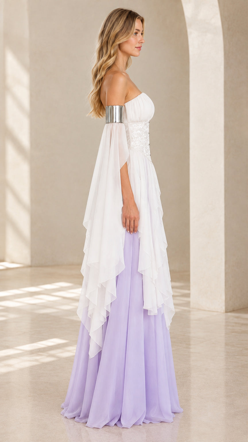 White and lavender off-shoulder maxi dress shown from the side