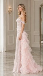 Side profile view of Blush Pink sequined evening gown showing tiered ruffle overskirt