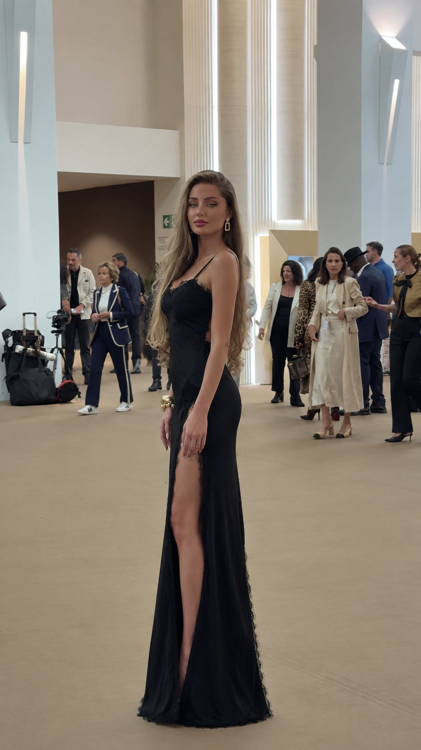 Side profile of black satin maxi dress showing high slit and delicate lace trim
