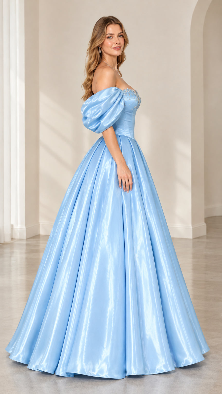 Side profile view of light blue satin corset ball gown with puff sleeves