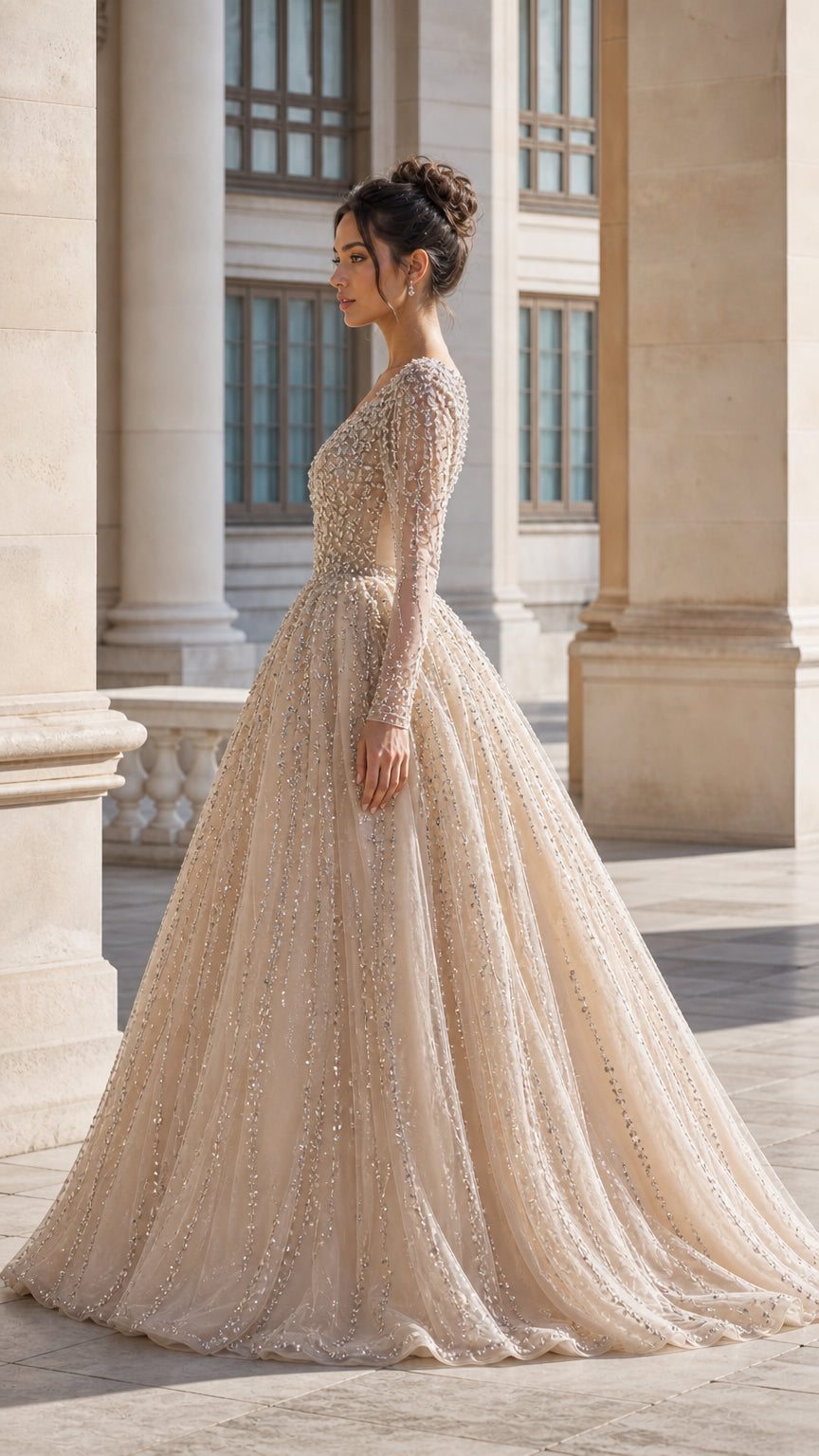 Side profile of woman wearing champagne long sleeve beaded formal ball gown