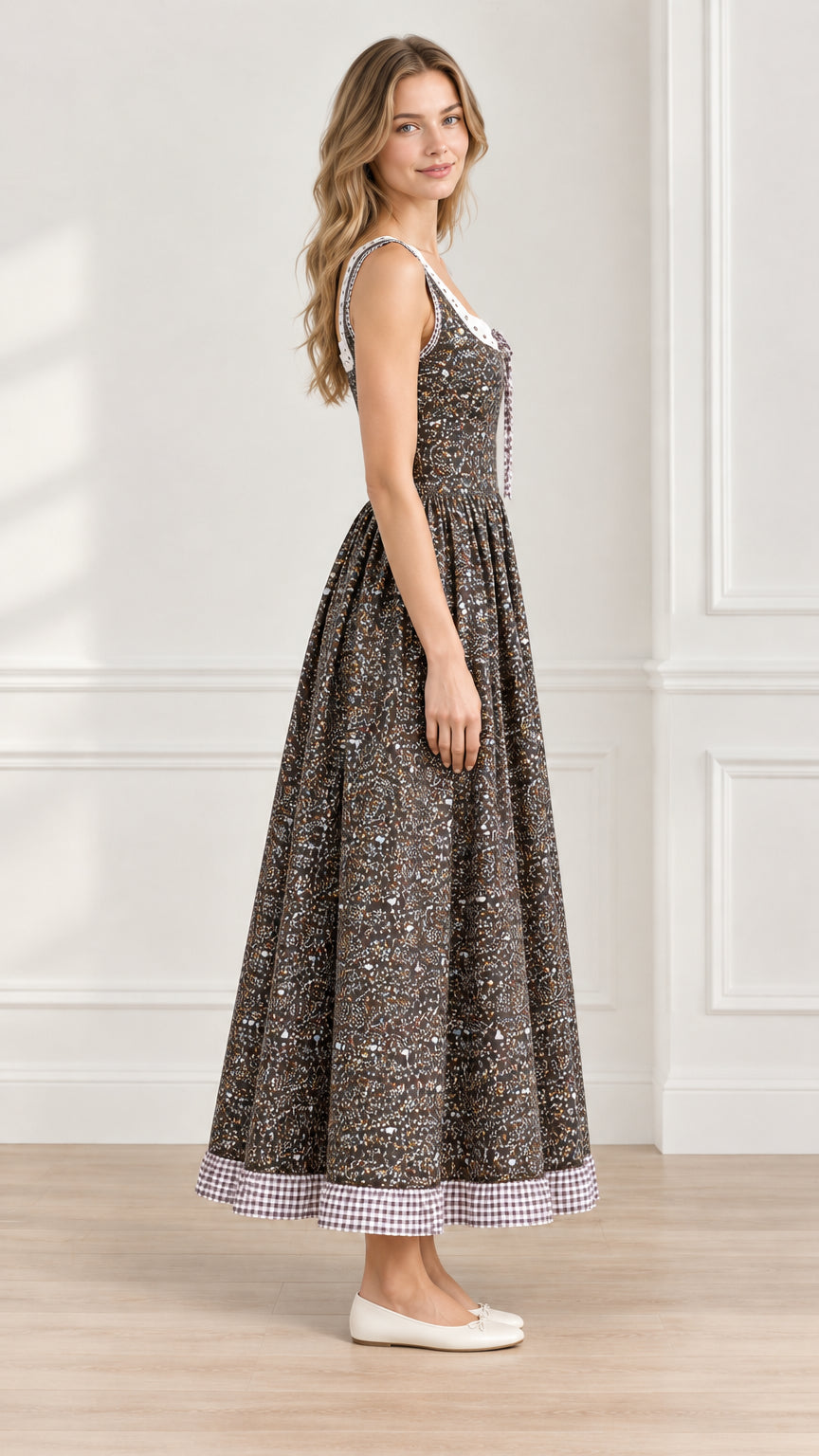 Side profile view of brown floral lace-up maxi dress