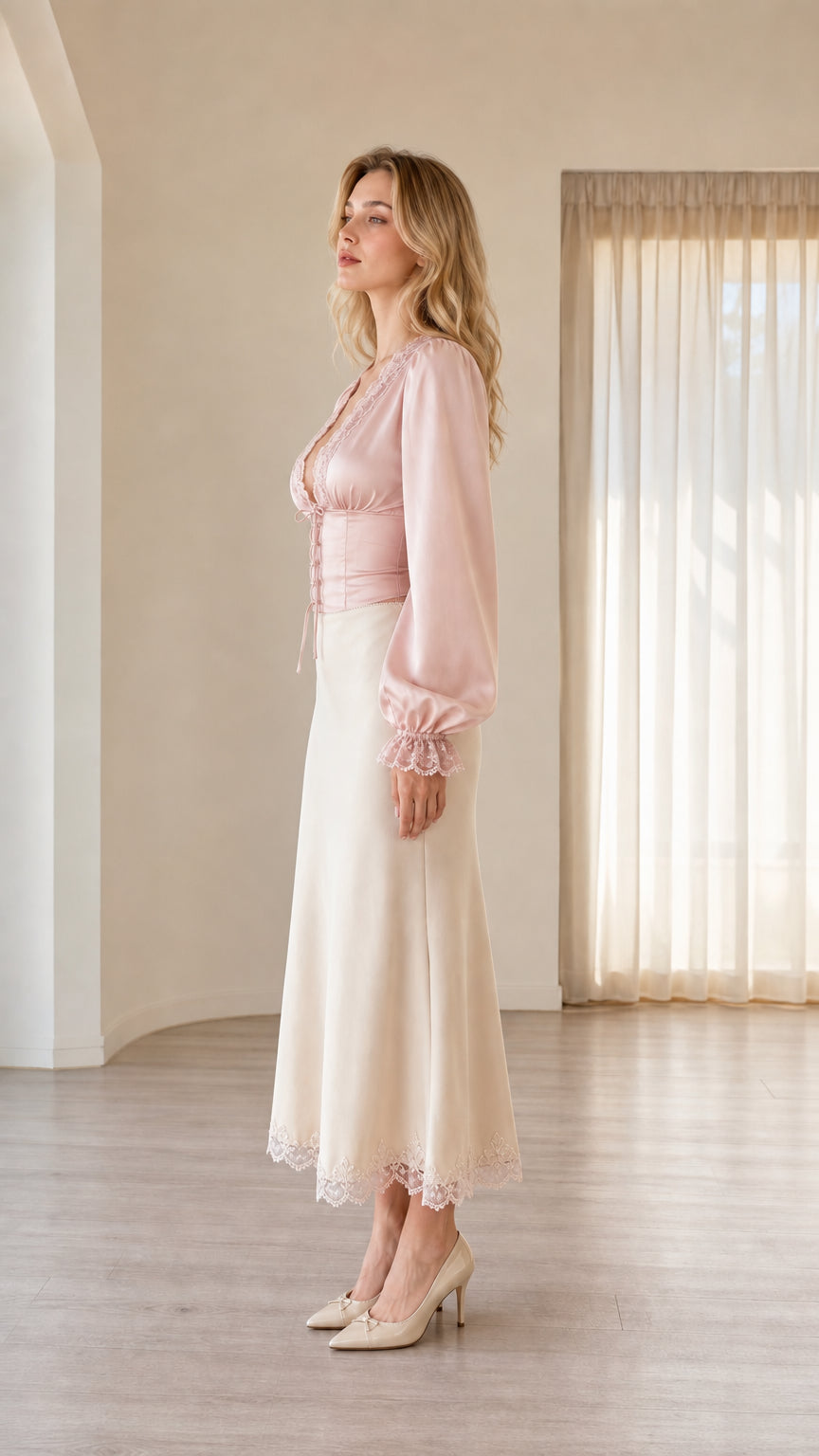 Side profile of woman wearing blush pink long sleeve satin corset blouse and skirt