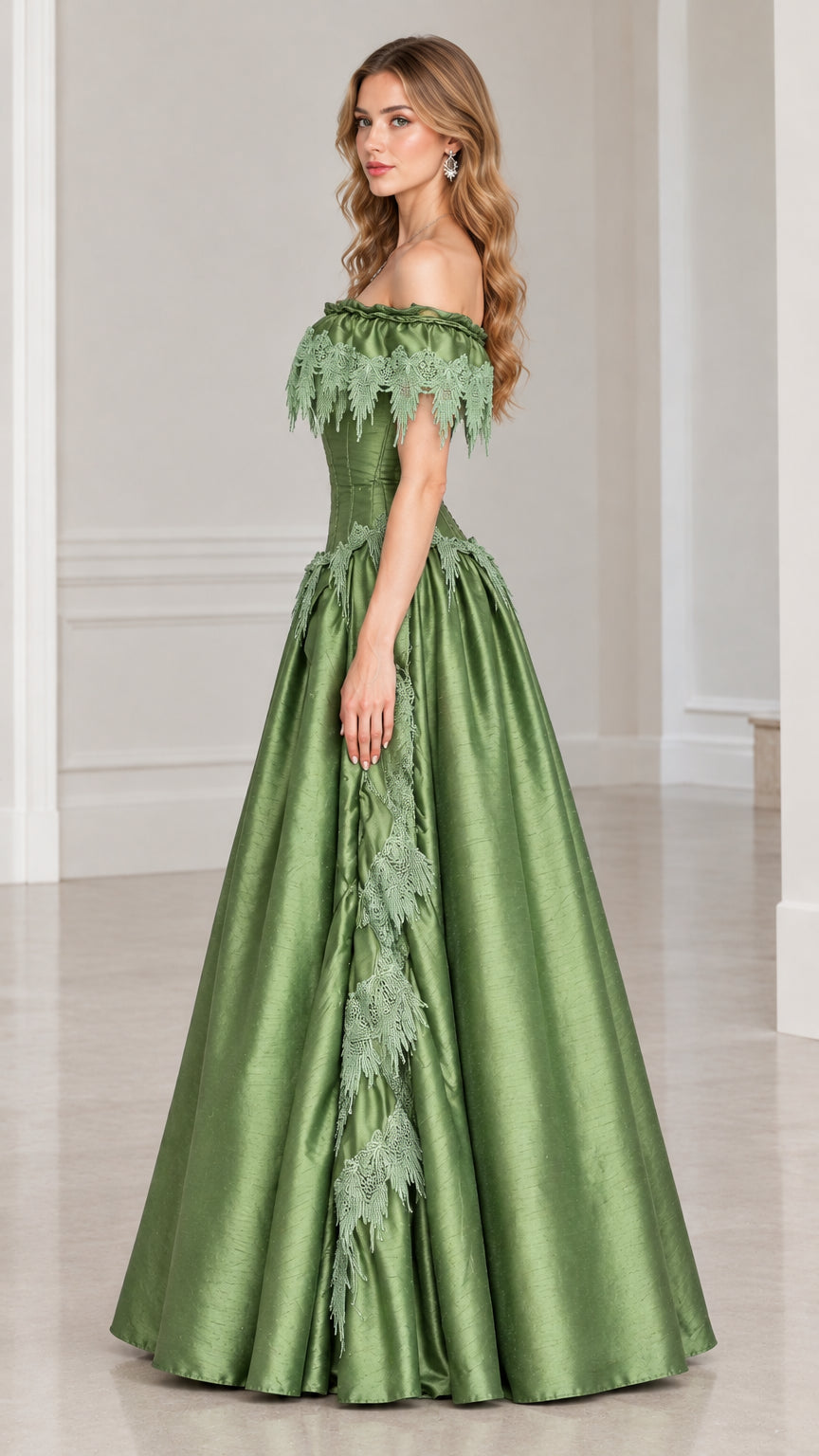 Side profile of woman in sage green lace-trimmed corset evening ball gown