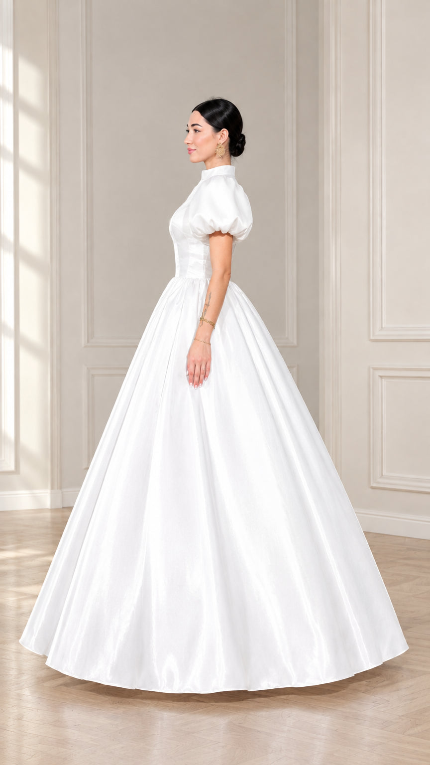 Side profile of white puff sleeve satin maxi evening dress