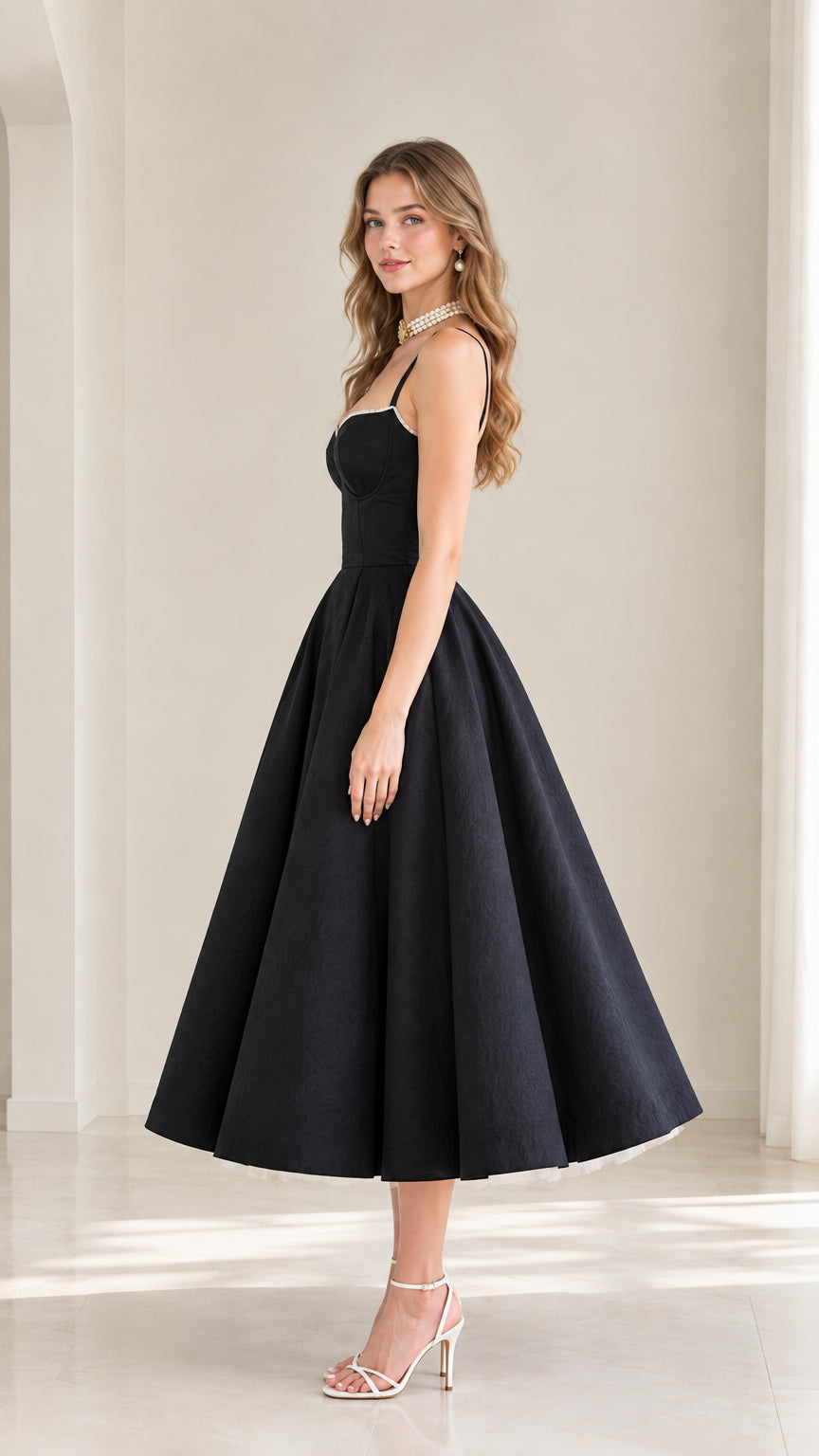 Side profile of model in black boned crop top and voluminous midi skirt