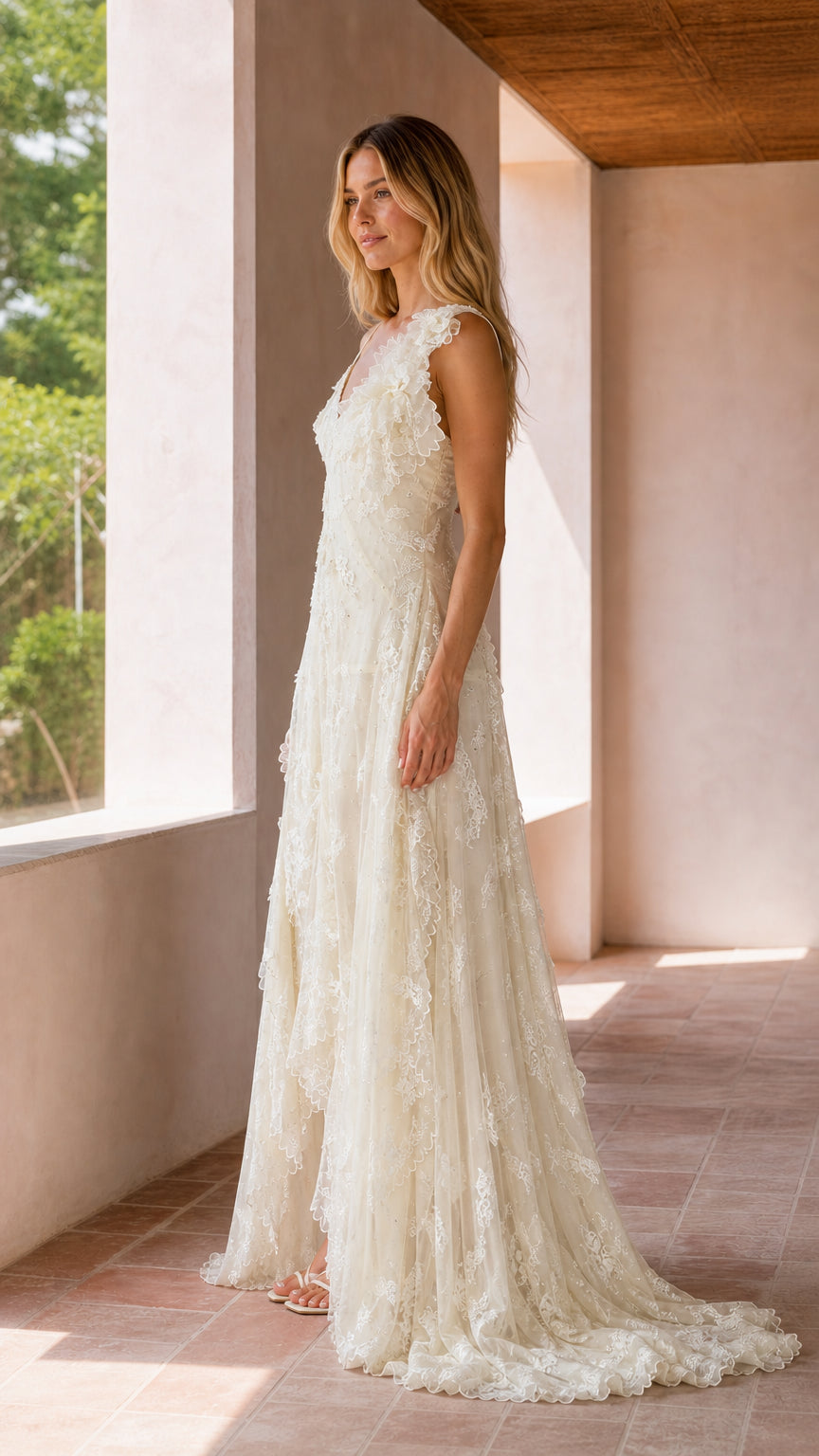 Side profile of woman in ivory tiered lace evening gown showing train and shoulder floral applique