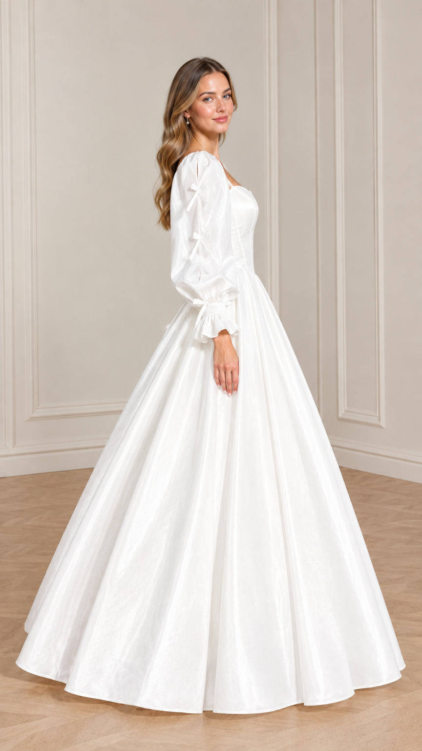 Side profile of woman in full-length white satin-sheen ball gown