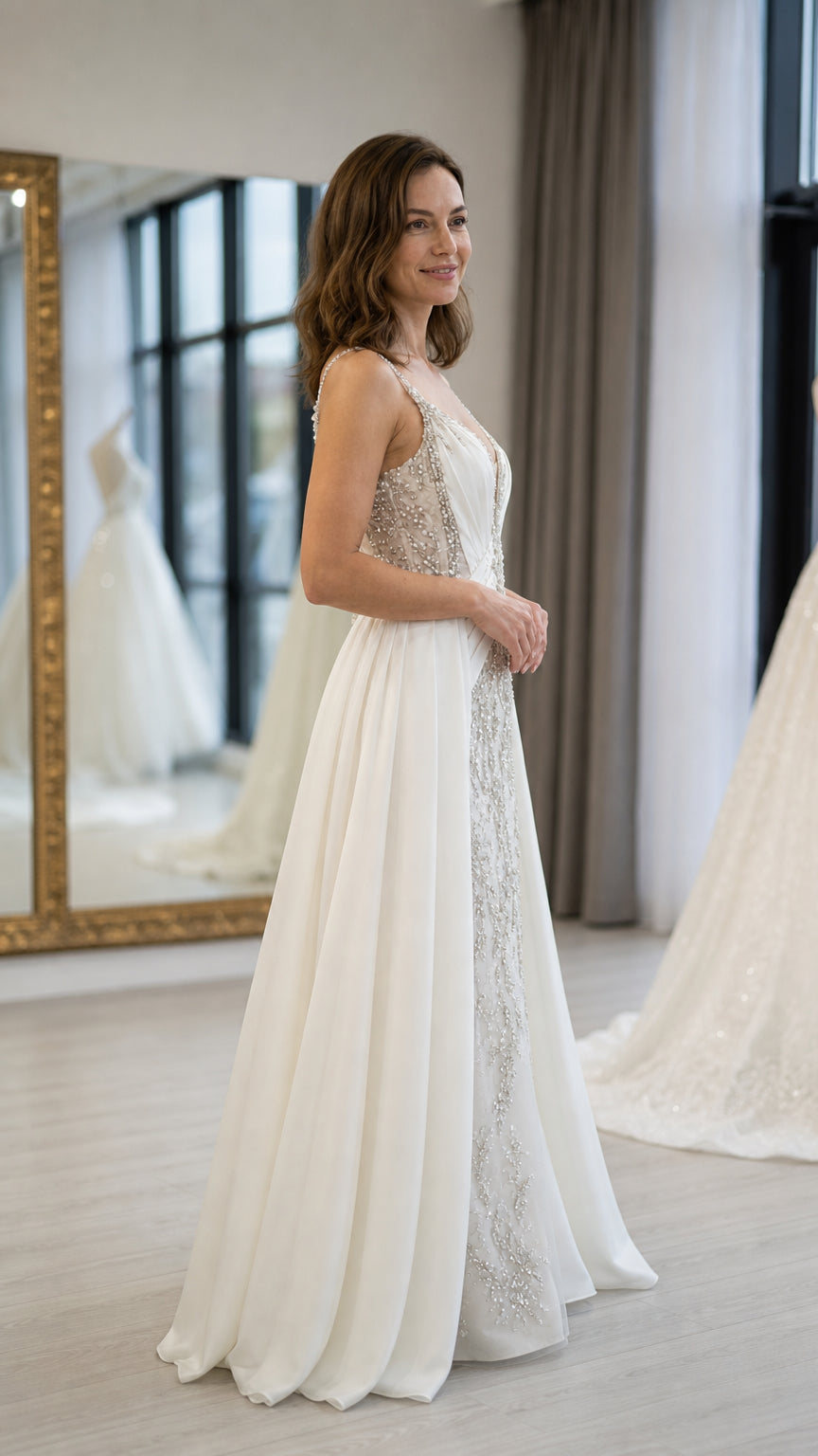 Side profile of white illusion plunge evening gown showing fit and drape
