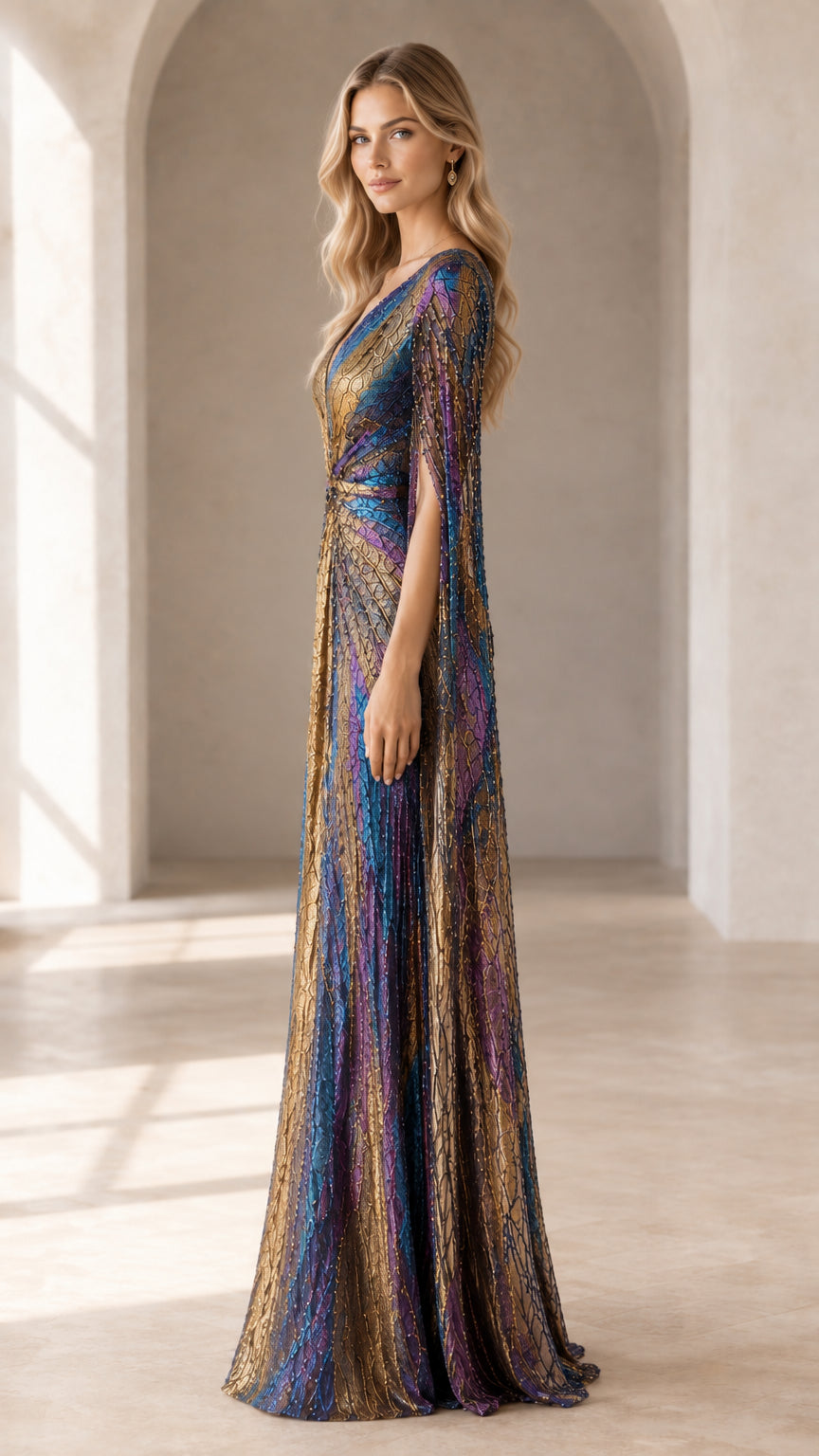 Side profile view of shimmering metallic evening dress with sweeping floor-length cape sleeves