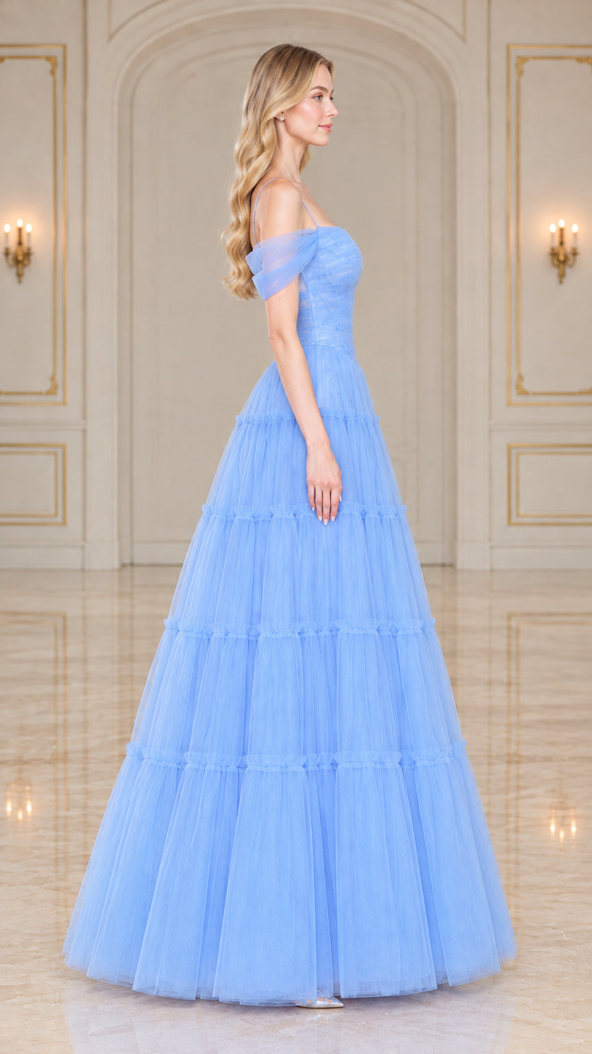 Light blue tiered tulle evening gown side profile view